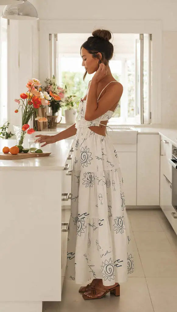 Summer Dresses - Casual Summer Maxi Dress - Sun Print & Backless