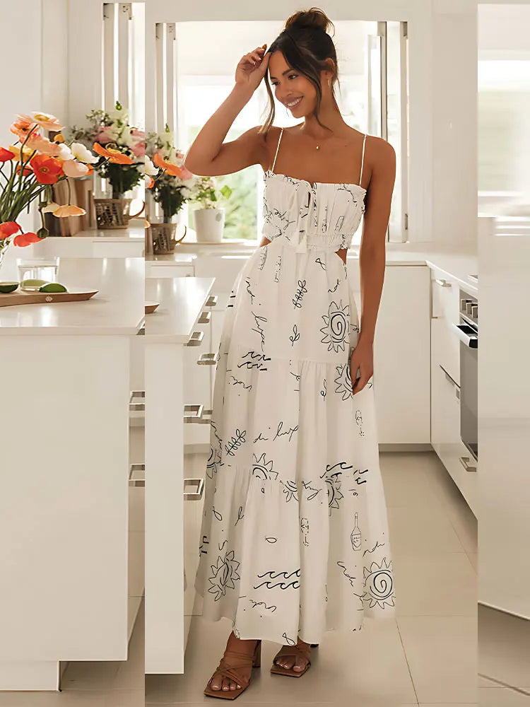 Summer Dresses - Casual Summer Maxi Dress - Sun Print & Backless