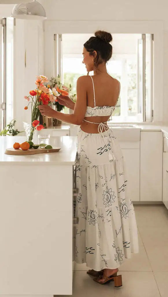 Summer Dresses - Casual Summer Maxi Dress - Sun Print & Backless