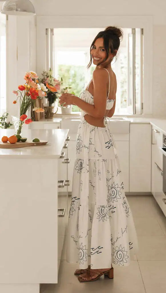 Summer Dresses - Casual Summer Maxi Dress - Sun Print & Backless
