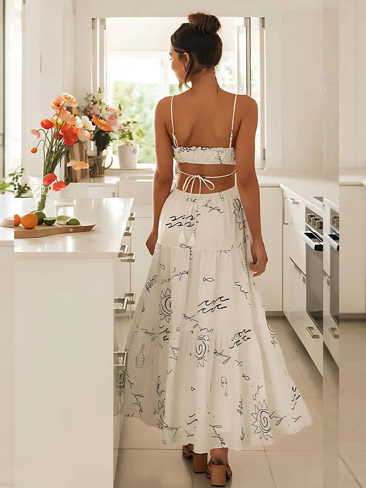 Summer Dresses - Casual Summer Maxi Dress - Sun Print & Backless