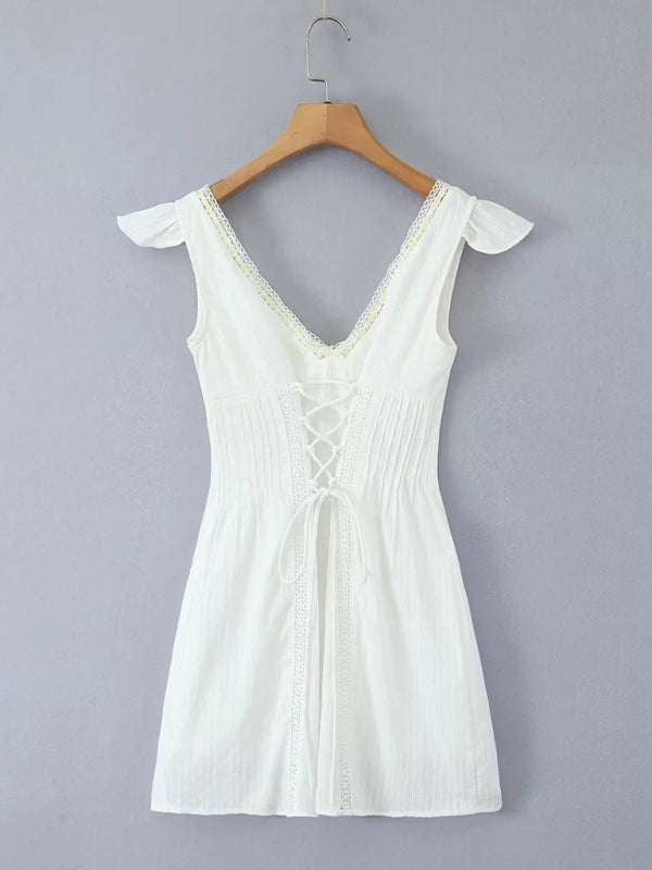 Summer Dresses - Off-Shoulder Sundress with Lace-Up Back