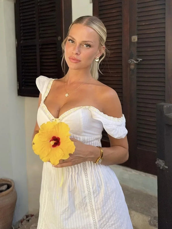 Summer Dresses - Off-Shoulder Sundress with Lace-Up Back