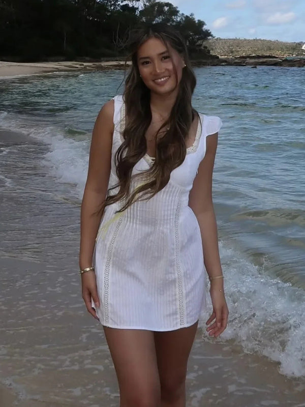 Summer Dresses - Off-Shoulder Sundress with Lace-Up Back