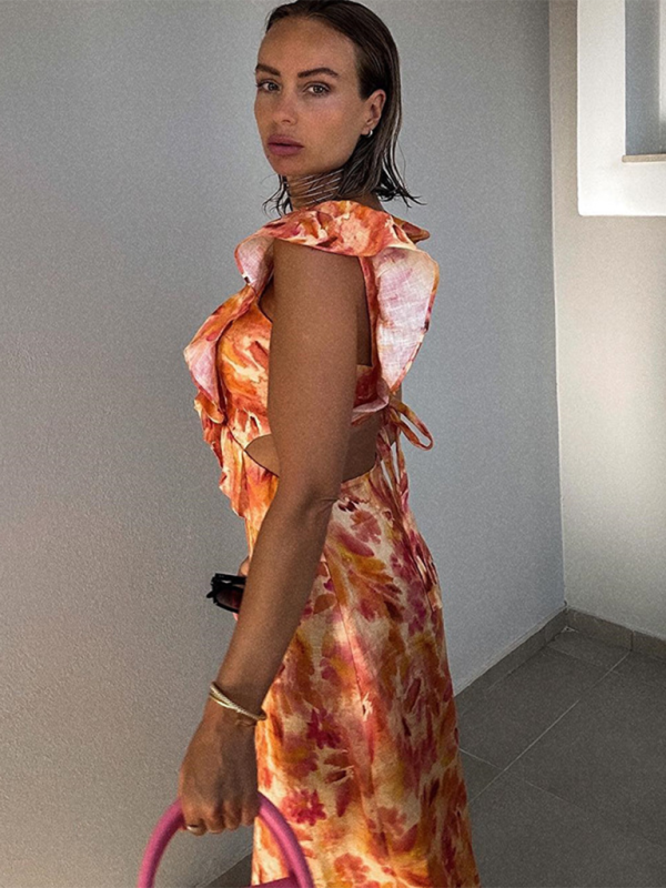 Summer Dresses- Floral Backless Midi Dress for Summer Weddings- - Pekosa Women Fashion