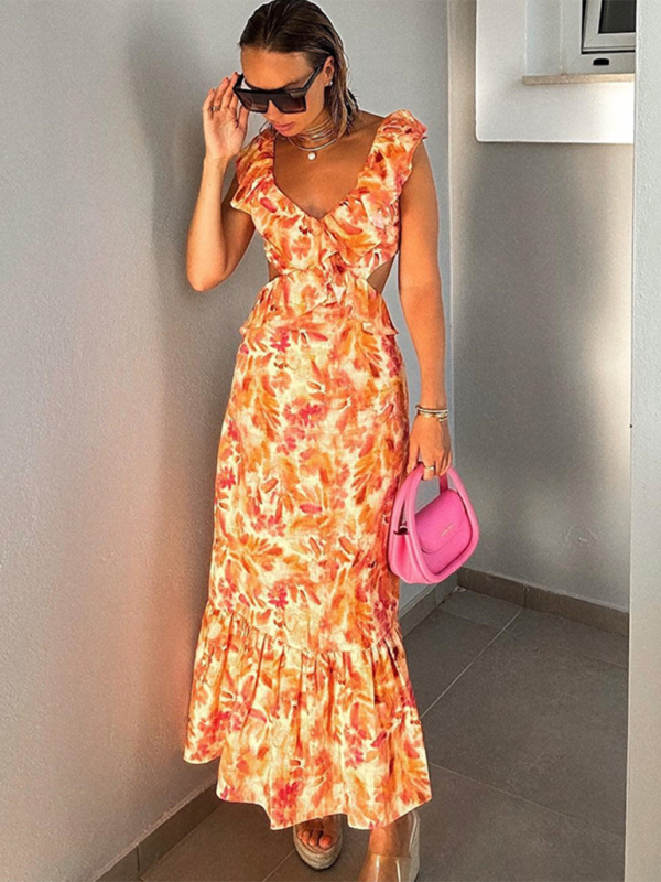 Summer Dresses- Floral Backless Midi Dress for Summer Weddings- - Pekosa Women Fashion
