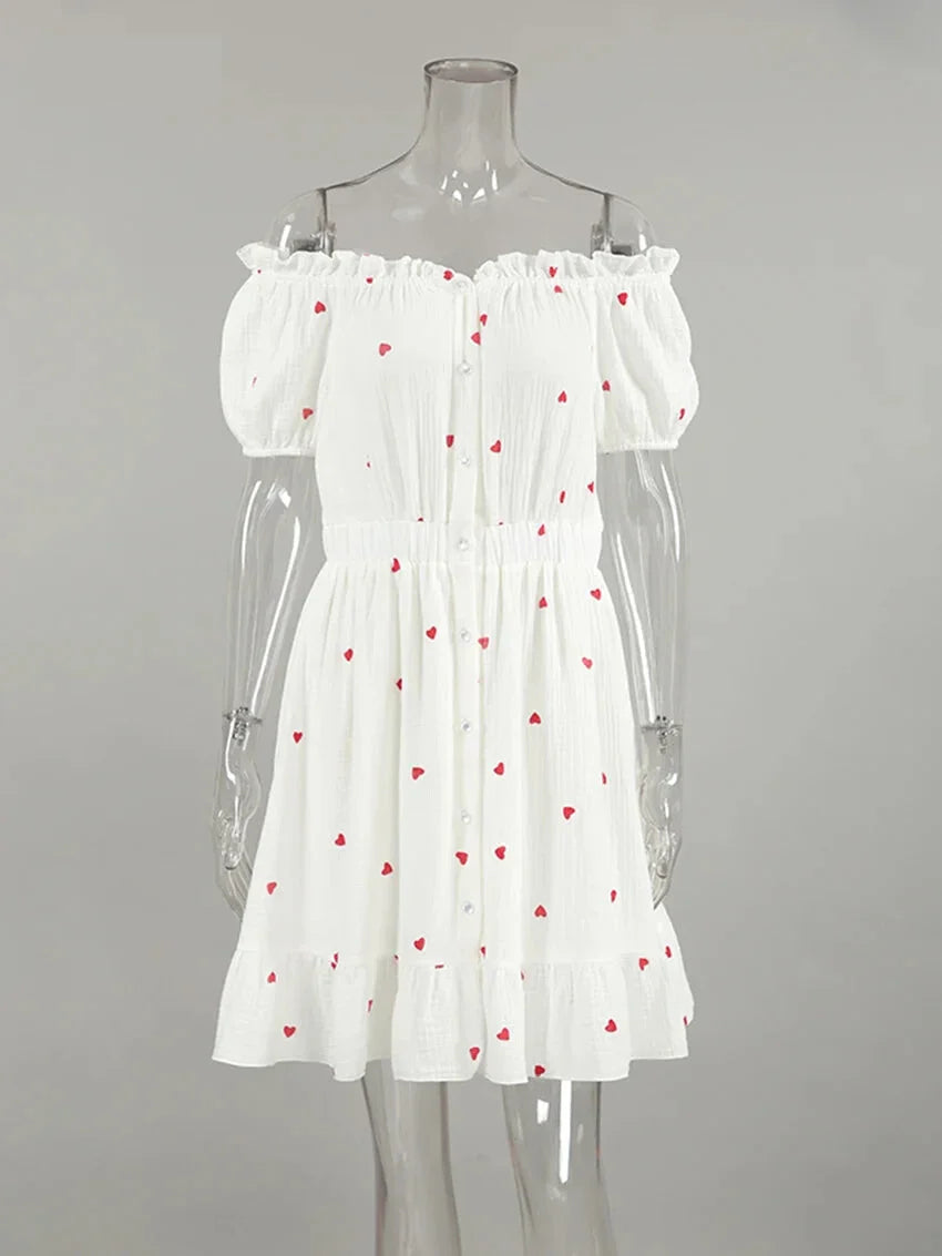 Summer Dresses- White and Red Heart Cotton Off-Shoulder Dress- - Chuzko Women Clothing