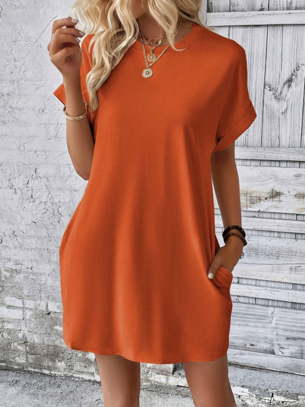 Summer Dresses- Women's Crew Neck Tee Dress in Solid Color- Orange- Pekosa Women Fashion