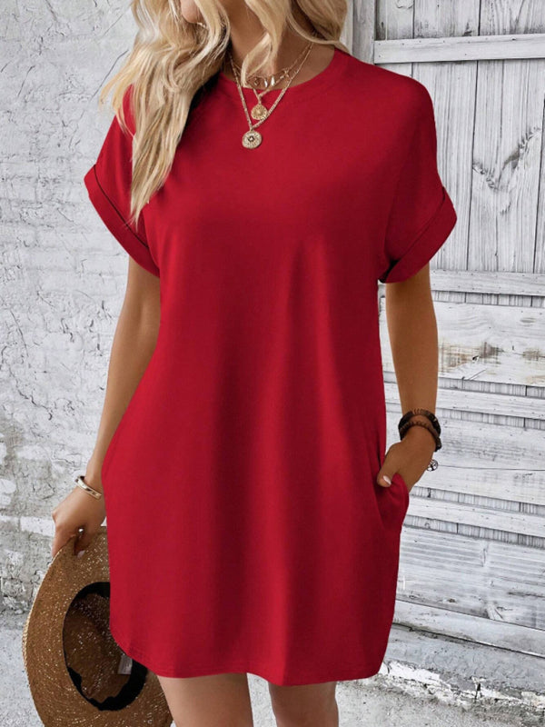 Summer Dresses- Women's Crew Neck Tee Dress in Solid Color- - Pekosa Women Fashion