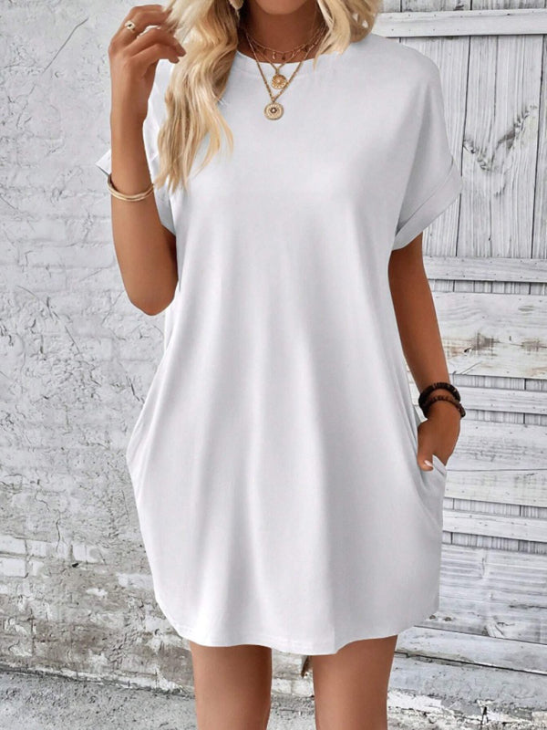 Summer Dresses- Women's Crew Neck Tee Dress in Solid Color- - Pekosa Women Fashion
