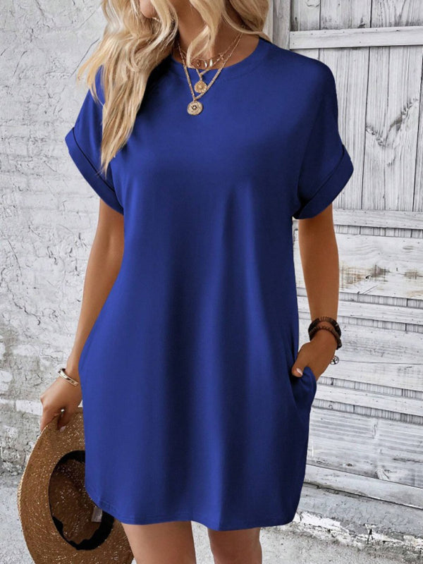 Summer Dresses- Women's Crew Neck Tee Dress in Solid Color- - Pekosa Women Fashion