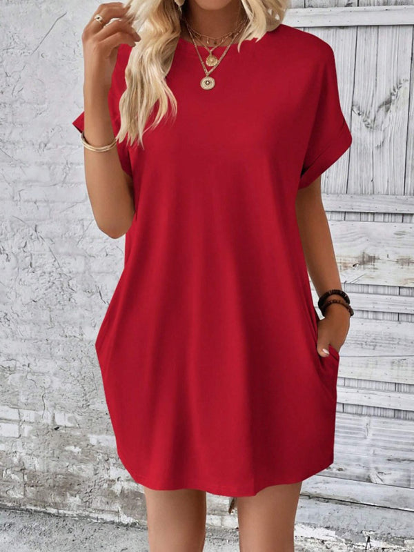 Summer Dresses- Women's Crew Neck Tee Dress in Solid Color- Red- Pekosa Women Fashion