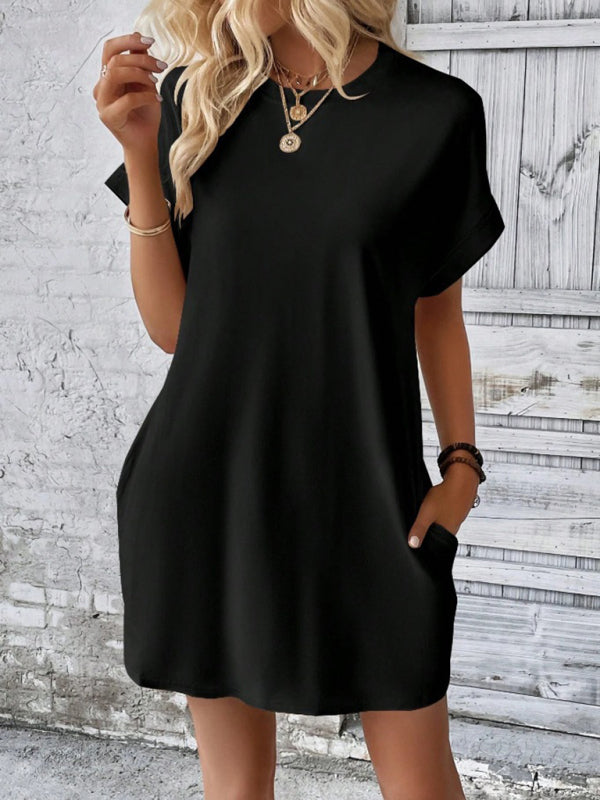 Summer Dresses- Women's Crew Neck Tee Dress in Solid Color- Black- Pekosa Women Fashion