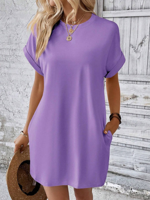 Summer Dresses- Women's Crew Neck Tee Dress in Solid Color- Purple- Pekosa Women Fashion
