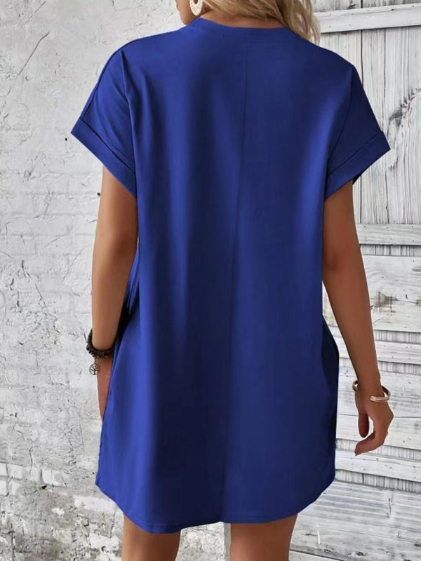 Summer Dresses- Women's Crew Neck Tee Dress in Solid Color- - Pekosa Women Fashion
