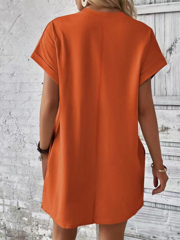Summer Dresses- Women's Crew Neck Tee Dress in Solid Color- - Pekosa Women Fashion