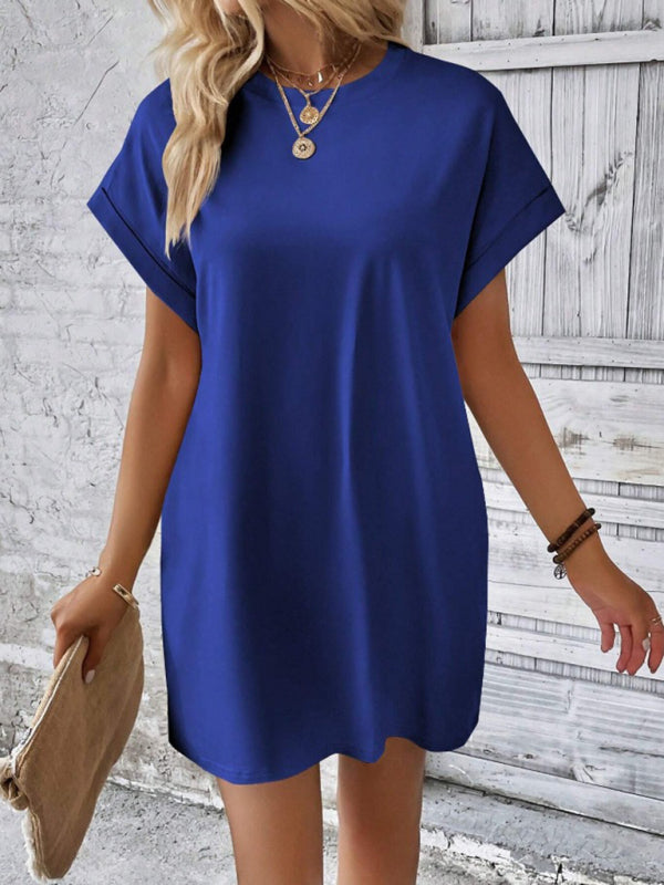 Summer Dresses- Women's Crew Neck Tee Dress in Solid Color- - Pekosa Women Fashion
