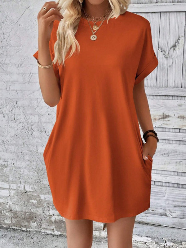 Summer Dresses- Women's Crew Neck Tee Dress in Solid Color- - Pekosa Women Fashion