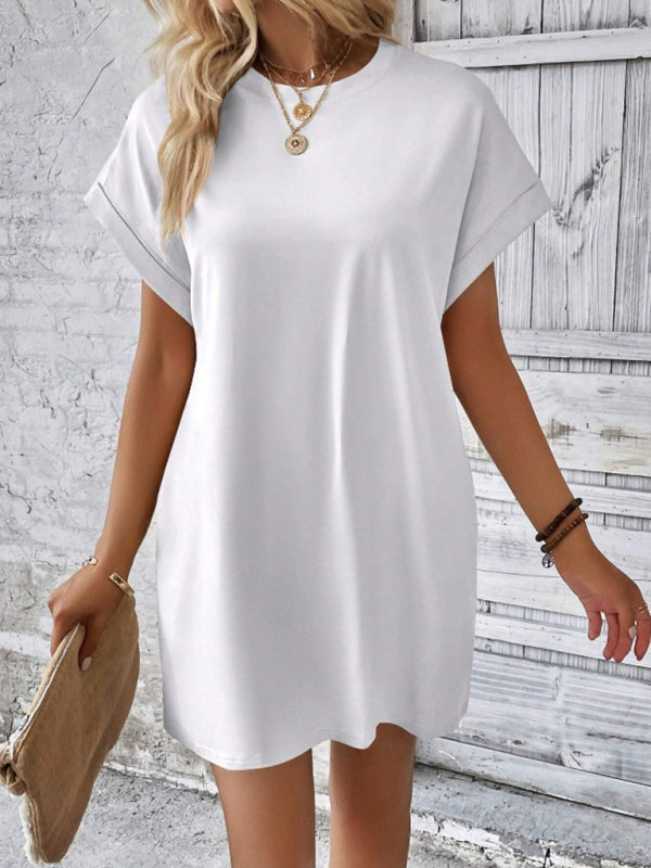 Summer Dresses- Women's Crew Neck Tee Dress in Solid Color- - Pekosa Women Fashion