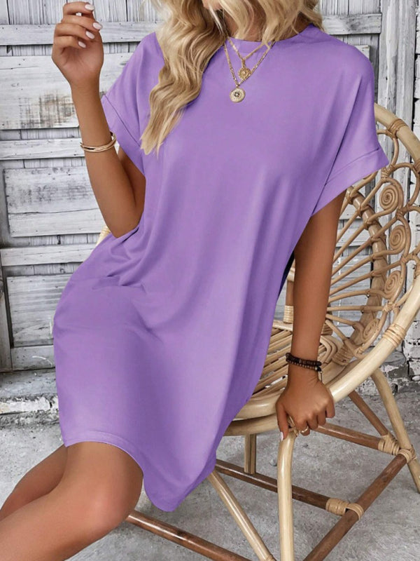 Summer Dresses- Women's Crew Neck Tee Dress in Solid Color- - Pekosa Women Fashion