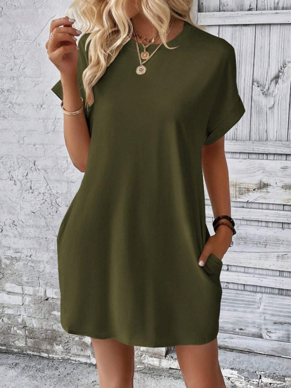 Summer Dresses- Women's Crew Neck Tee Dress in Solid Color- Olive green- Pekosa Women Fashion
