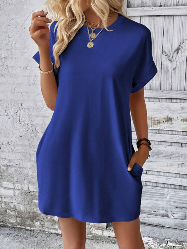 Summer Dresses- Women's Crew Neck Tee Dress in Solid Color- - Pekosa Women Fashion