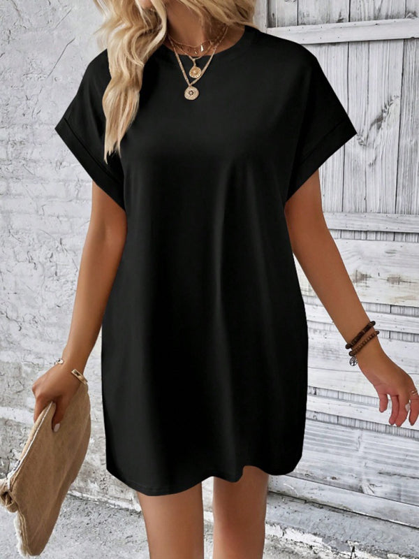 Summer Dresses- Women's Crew Neck Tee Dress in Solid Color- - Pekosa Women Fashion