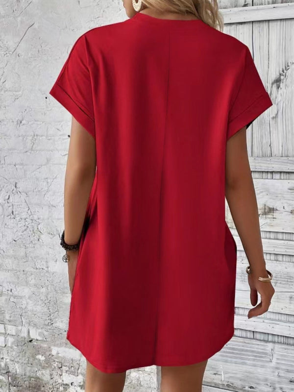 Summer Dresses- Women's Crew Neck Tee Dress in Solid Color- - Pekosa Women Fashion
