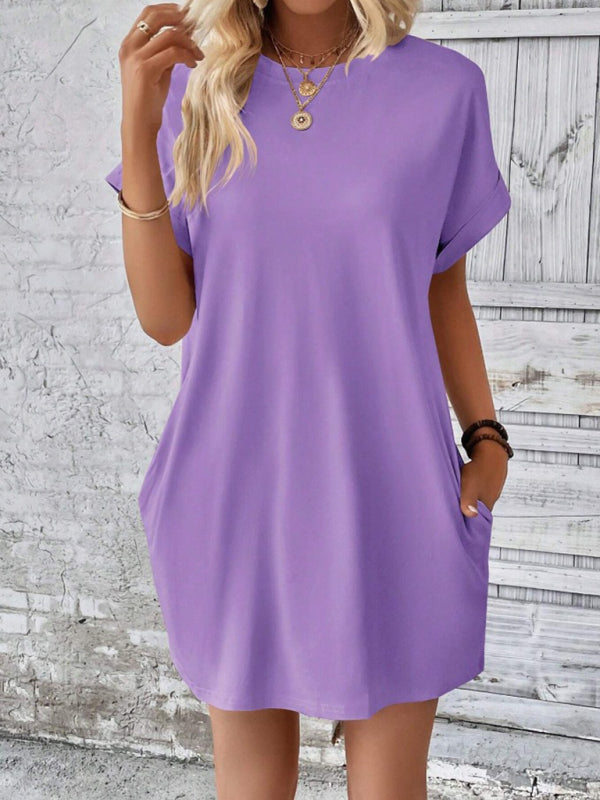 Summer Dresses- Women's Crew Neck Tee Dress in Solid Color- - Pekosa Women Fashion