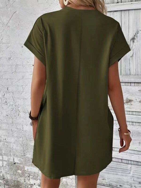 Summer Dresses- Women's Crew Neck Tee Dress in Solid Color- - Pekosa Women Fashion