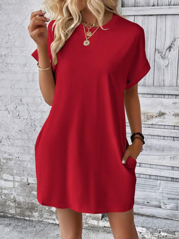 Summer Dresses- Women's Crew Neck Tee Dress in Solid Color- - Pekosa Women Fashion