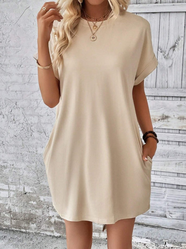 Summer Dresses- Women's Crew Neck Tee Dress in Solid Color- - Pekosa Women Fashion