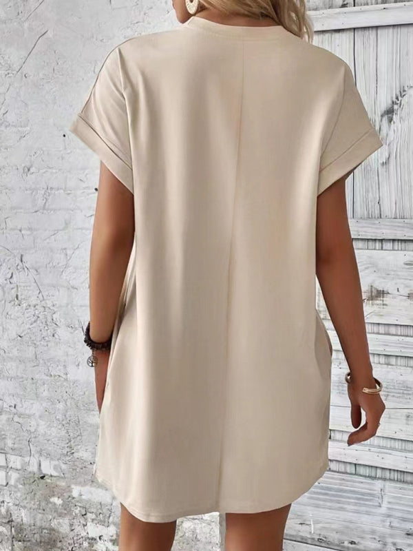 Summer Dresses- Women's Crew Neck Tee Dress in Solid Color- - Pekosa Women Fashion