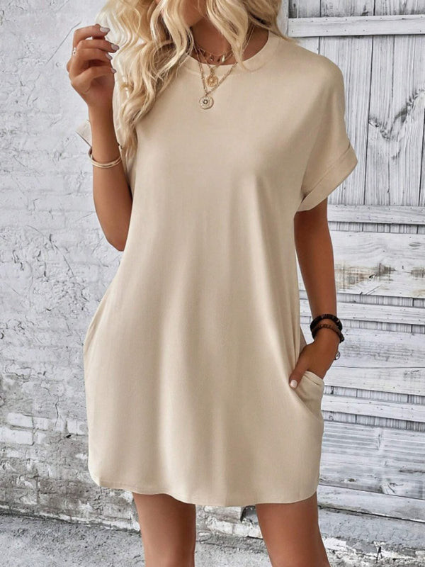 Summer Dresses- Women's Crew Neck Tee Dress in Solid Color- Cracker khaki- Pekosa Women Fashion