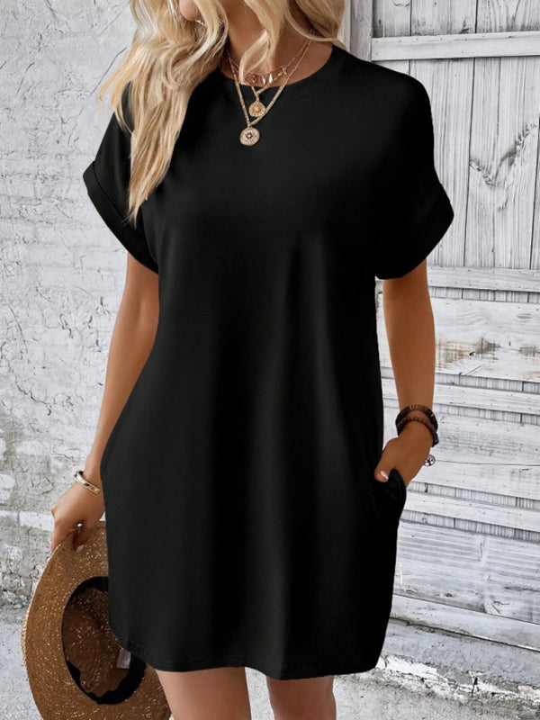 Summer Dresses- Women's Crew Neck Tee Dress in Solid Color- - Pekosa Women Fashion