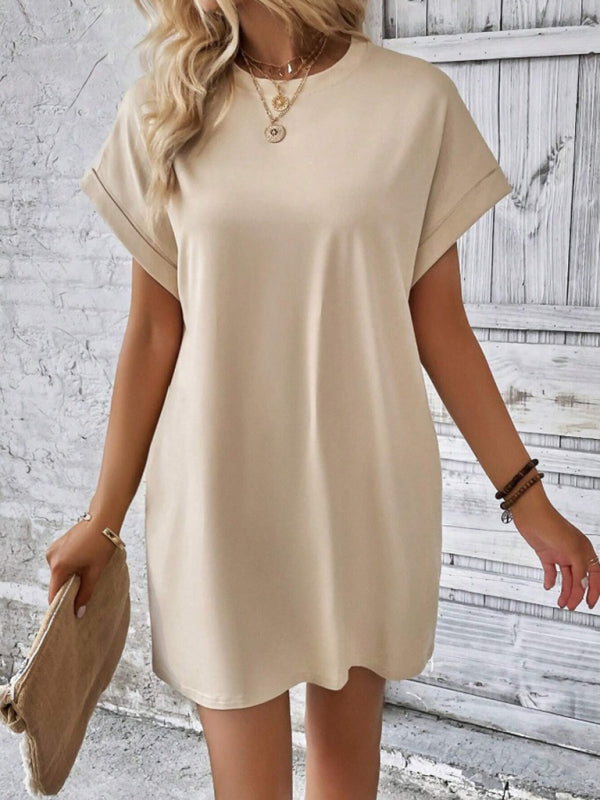 Summer Dresses- Women's Crew Neck Tee Dress in Solid Color- - Pekosa Women Fashion