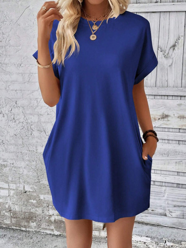 Summer Dresses- Women's Crew Neck Tee Dress in Solid Color- Blue- Pekosa Women Fashion