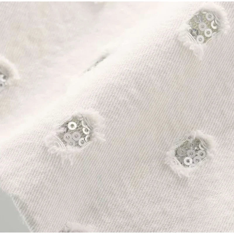 Summer Outfits- Distressed Sequin Mini Skirt & Vest Set for Festive Occasion- - Pekosa Women Fashion