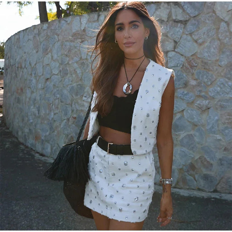 Summer Outfits- Distressed Sequin Mini Skirt & Vest Set for Festive Occasion- - Pekosa Women Fashion