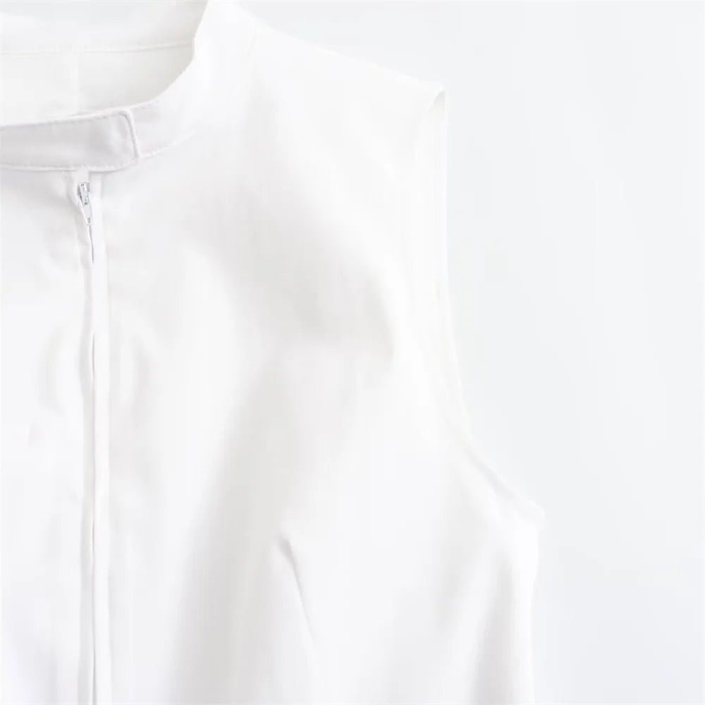 Summer Outfits- Summer Duo Belted Women's Sleeveless Zip-Up Top & Pleated Mini Skirt- - Chuzko Women Clothing