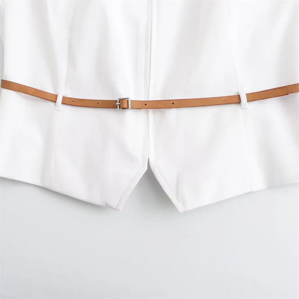 Summer Outfits- Summer Duo Belted Women's Sleeveless Zip-Up Top & Pleated Mini Skirt- - Chuzko Women Clothing