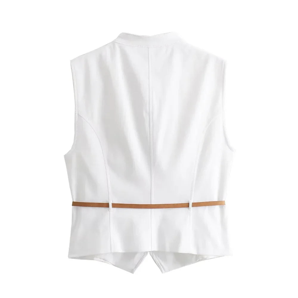 Summer Outfits- Summer Duo Belted Women's Sleeveless Zip-Up Top & Pleated Mini Skirt- - Chuzko Women Clothing