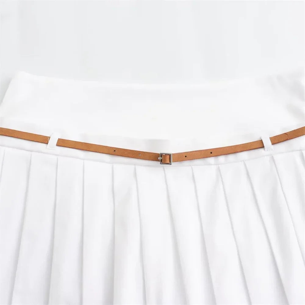 Summer Outfits- Summer Duo Belted Women's Sleeveless Zip-Up Top & Pleated Mini Skirt- - Chuzko Women Clothing