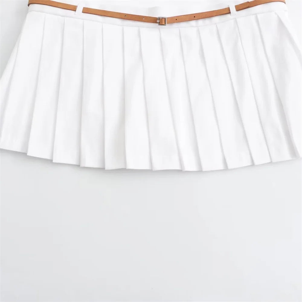 Summer Outfits- Summer Duo Belted Women's Sleeveless Zip-Up Top & Pleated Mini Skirt- - Chuzko Women Clothing