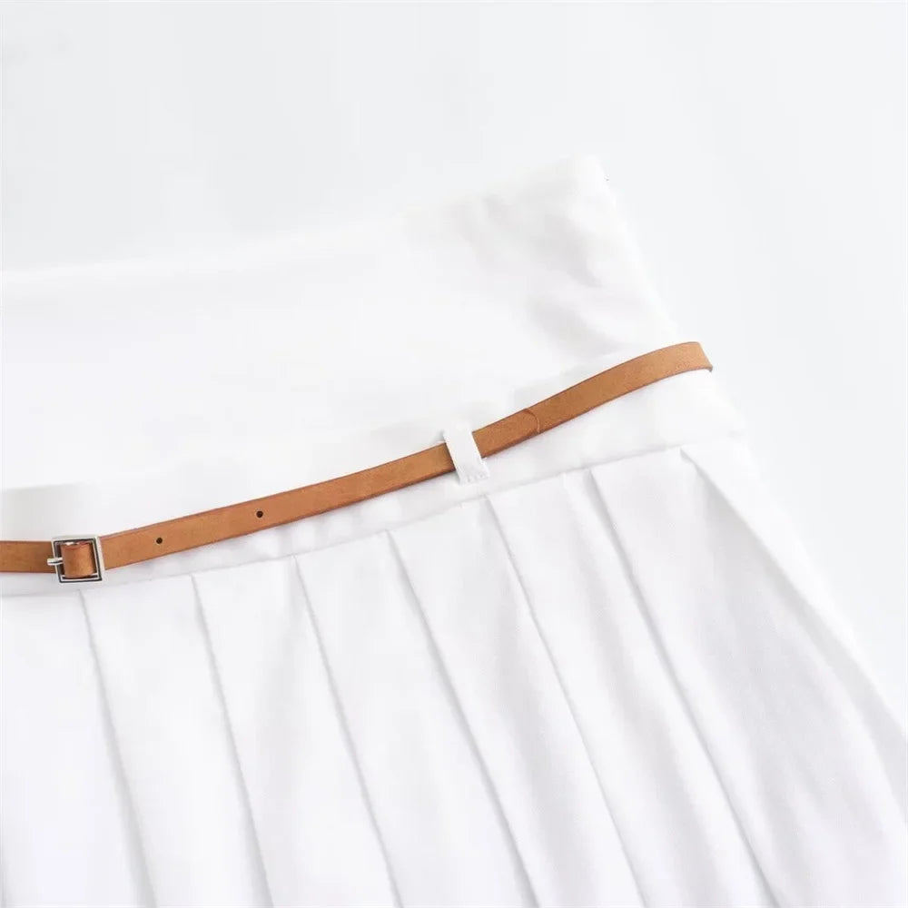 Summer Outfits- Summer Duo Belted Women's Sleeveless Zip-Up Top & Pleated Mini Skirt- - Chuzko Women Clothing