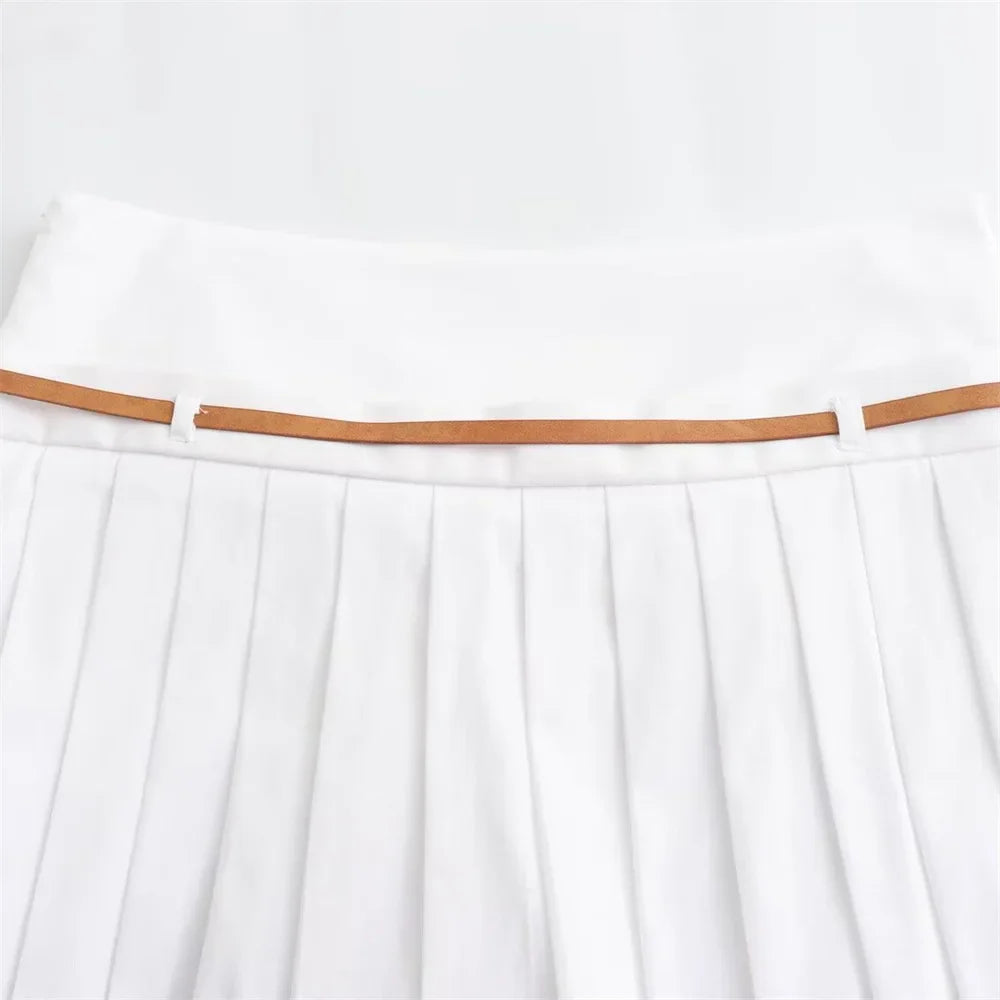 Summer Outfits- Summer Duo Belted Women's Sleeveless Zip-Up Top & Pleated Mini Skirt- - Chuzko Women Clothing