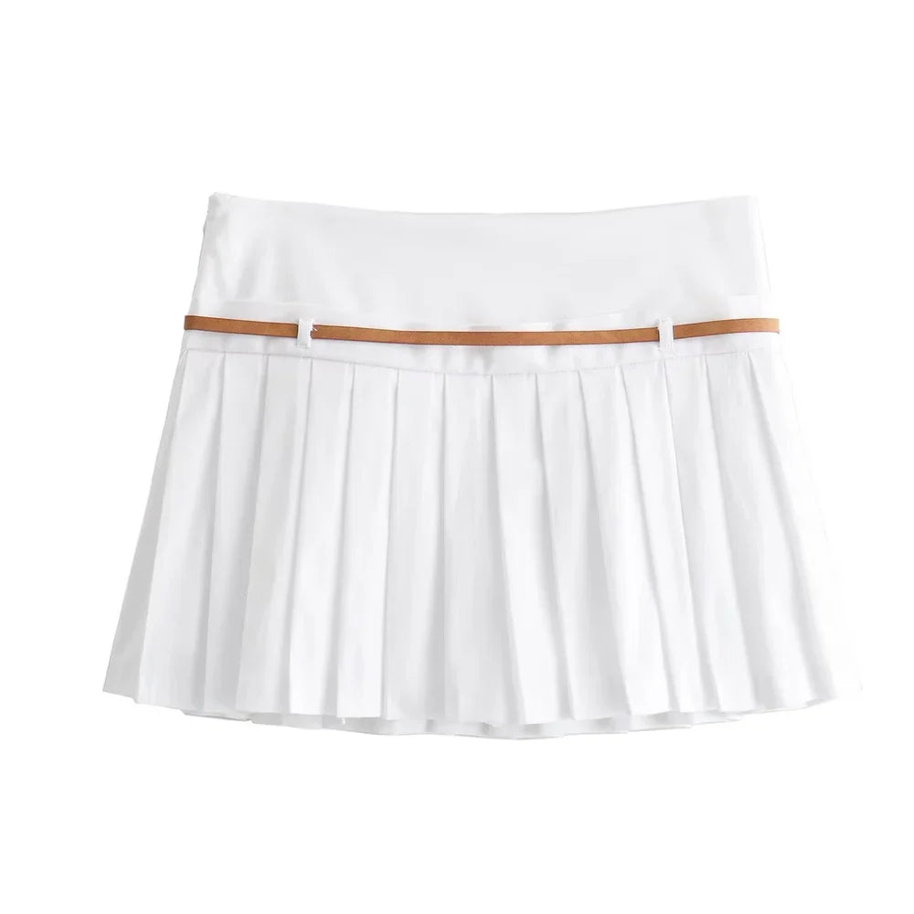 Summer Outfits- Summer Duo Belted Women's Sleeveless Zip-Up Top & Pleated Mini Skirt- - Chuzko Women Clothing