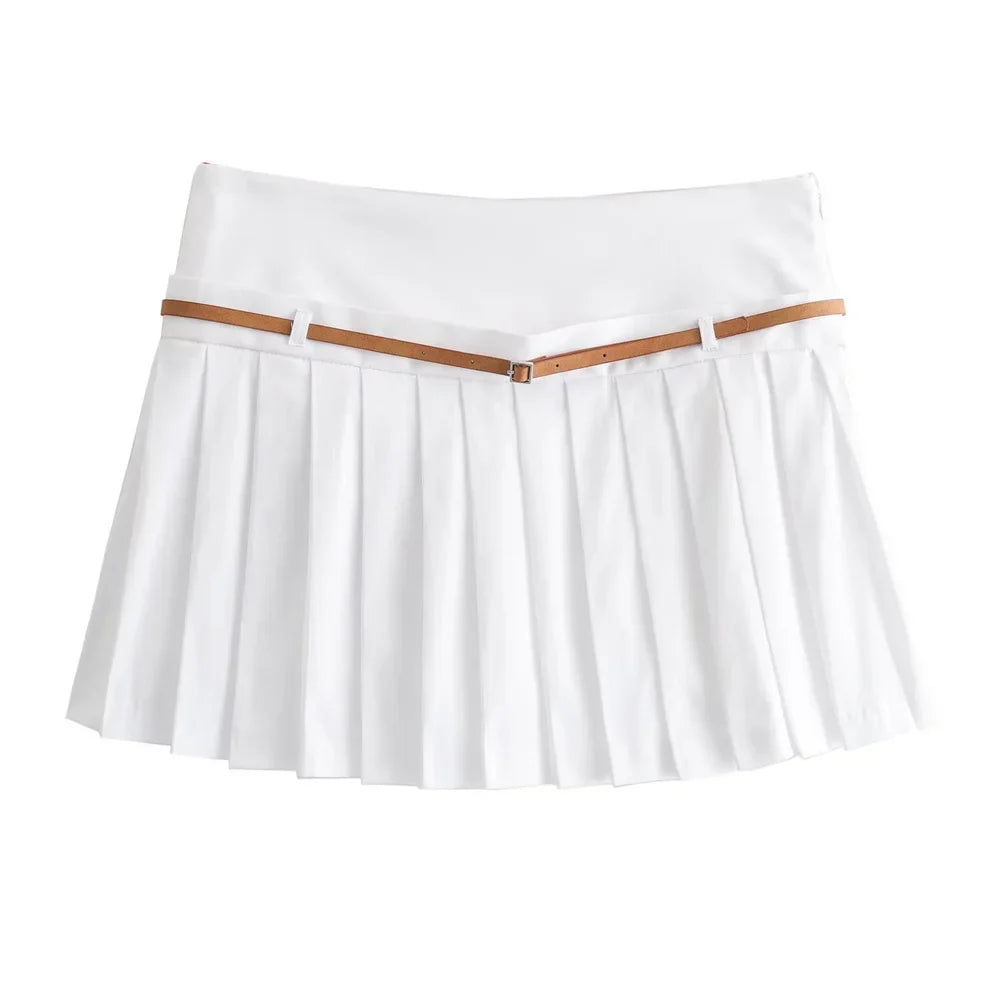Summer Outfits- Summer Duo Belted Women's Sleeveless Zip-Up Top & Pleated Mini Skirt- white- Chuzko Women Clothing