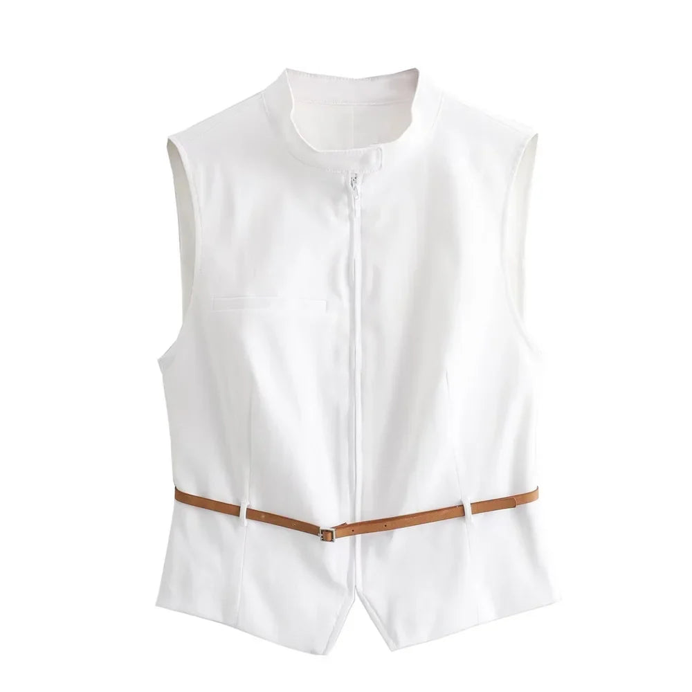 Summer Outfits- Summer Duo Belted Women's Sleeveless Zip-Up Top & Pleated Mini Skirt- white 1- Chuzko Women Clothing