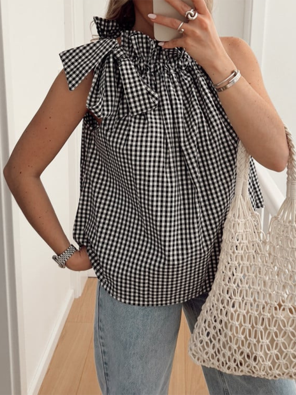 Summer Tops- Women's Blouse with Gingham Print and Bow Detail- Black- Pekosa Women Fashion